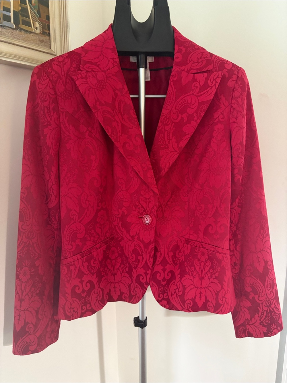 Red Brocade  Christmas Red Floral Pattern Blazer Jacket  Long Sleeve Size 10